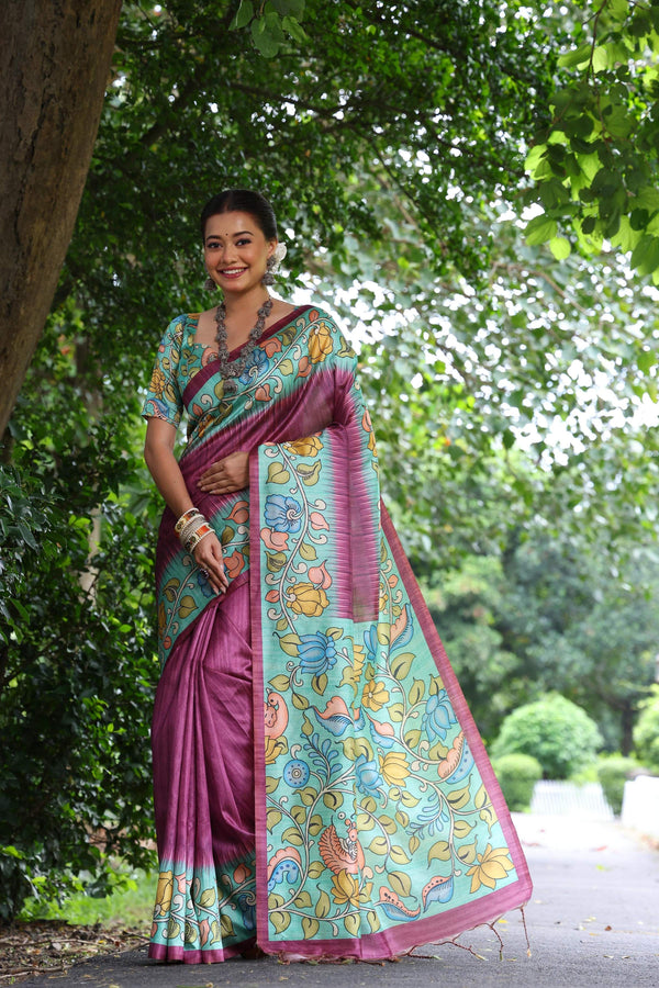 Jyoti Fashion Women's Wine Soft Tussar Silk Kalamkari Printed Designer Saree with Blouse