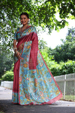 Thumbnail for Jyoti Fashion Women's Maroon Soft Tussar Silk Kalamkari Printed Designer Saree with Blouse