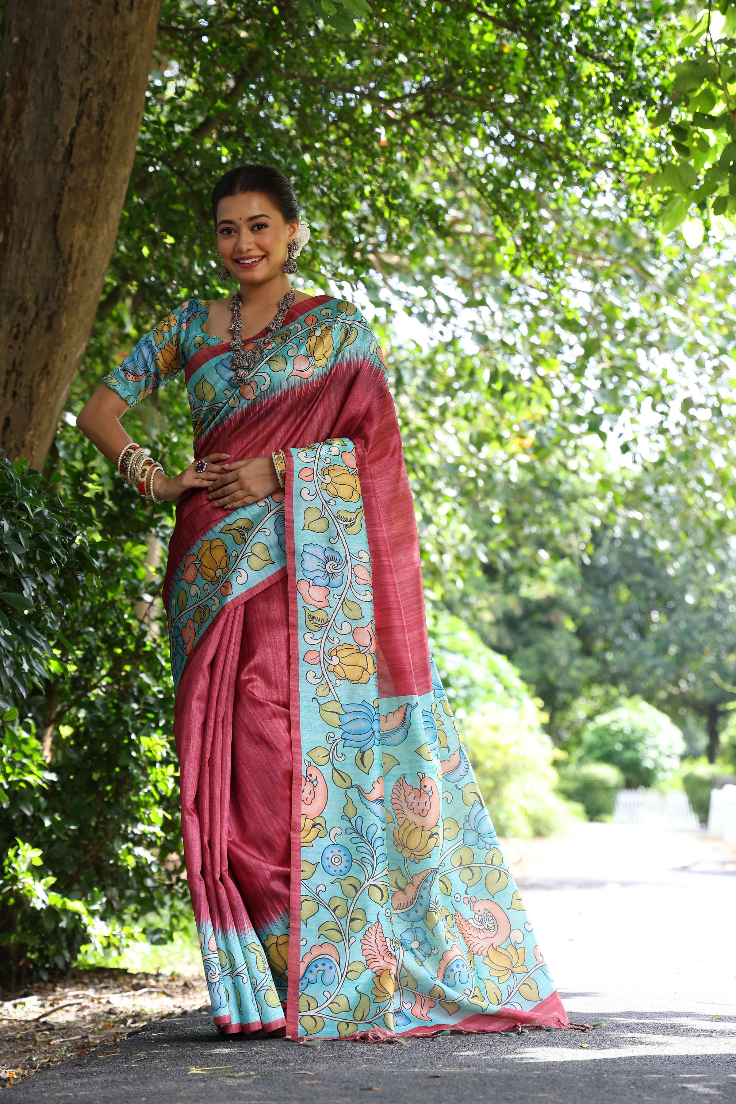 Jyoti Fashion Women's Maroon Soft Tussar Silk Kalamkari Printed Designer Saree with Blouse