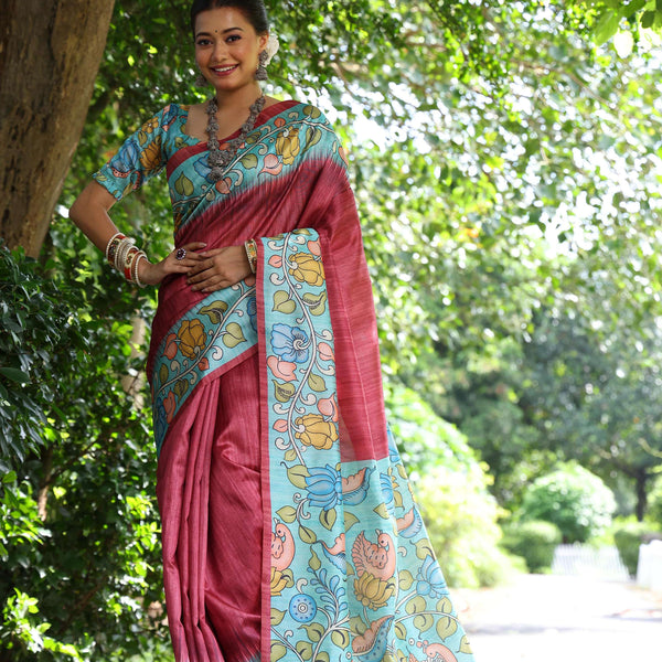 Jyoti Fashion Women's Maroon Soft Tussar Silk Kalamkari Printed Designer Saree with Blouse - Distacart