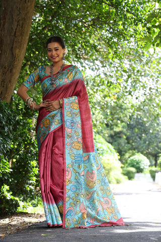 Jyoti Fashion Women's Maroon Soft Tussar Silk Kalamkari Printed Designer Saree with Blouse