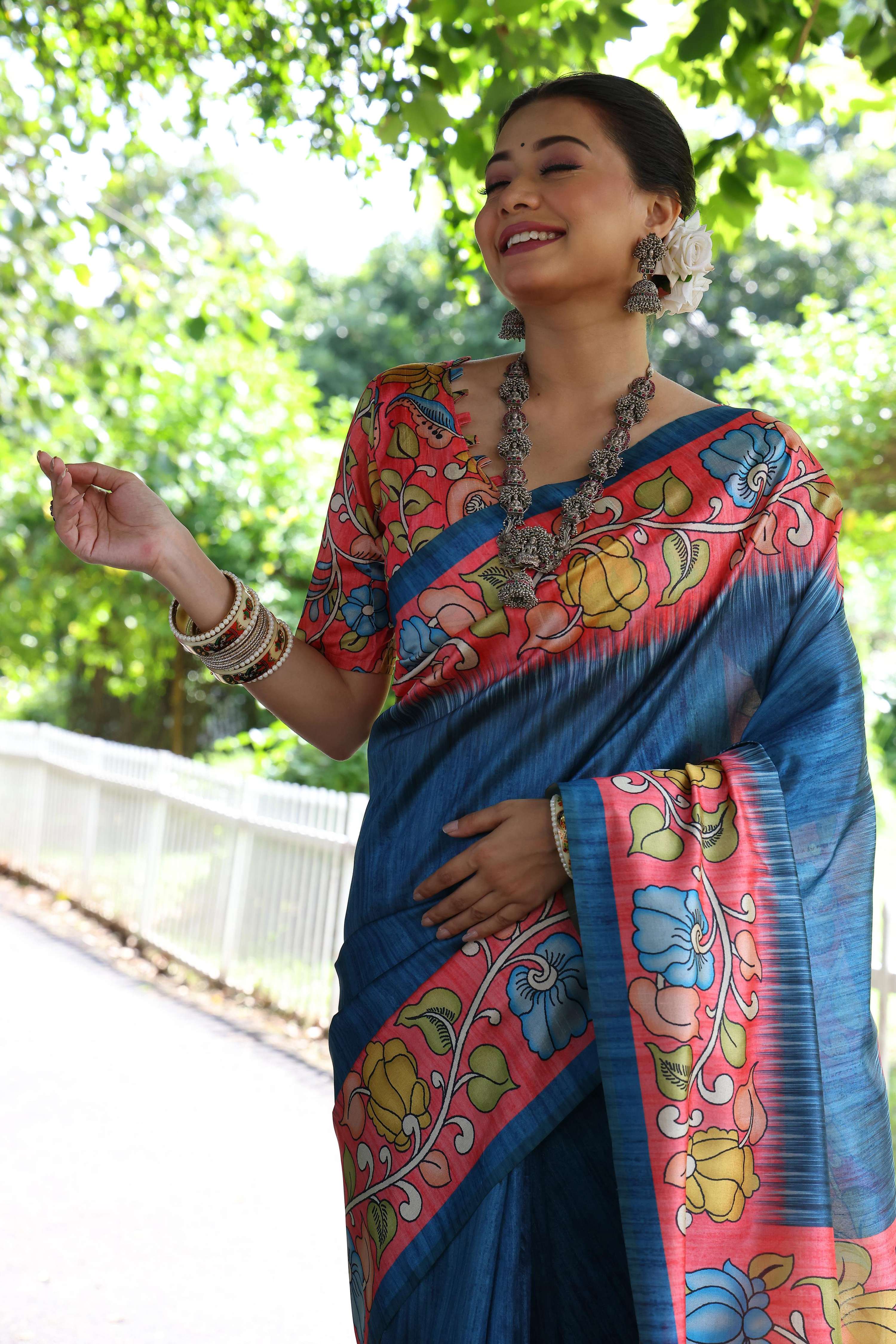 Jyoti Fashion Women's Blue Soft Tussar Silk Kalamkari Printed Designer Saree with Blouse