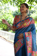 Thumbnail for Jyoti Fashion Women's Blue Soft Tussar Silk Kalamkari Printed Designer Saree with Blouse