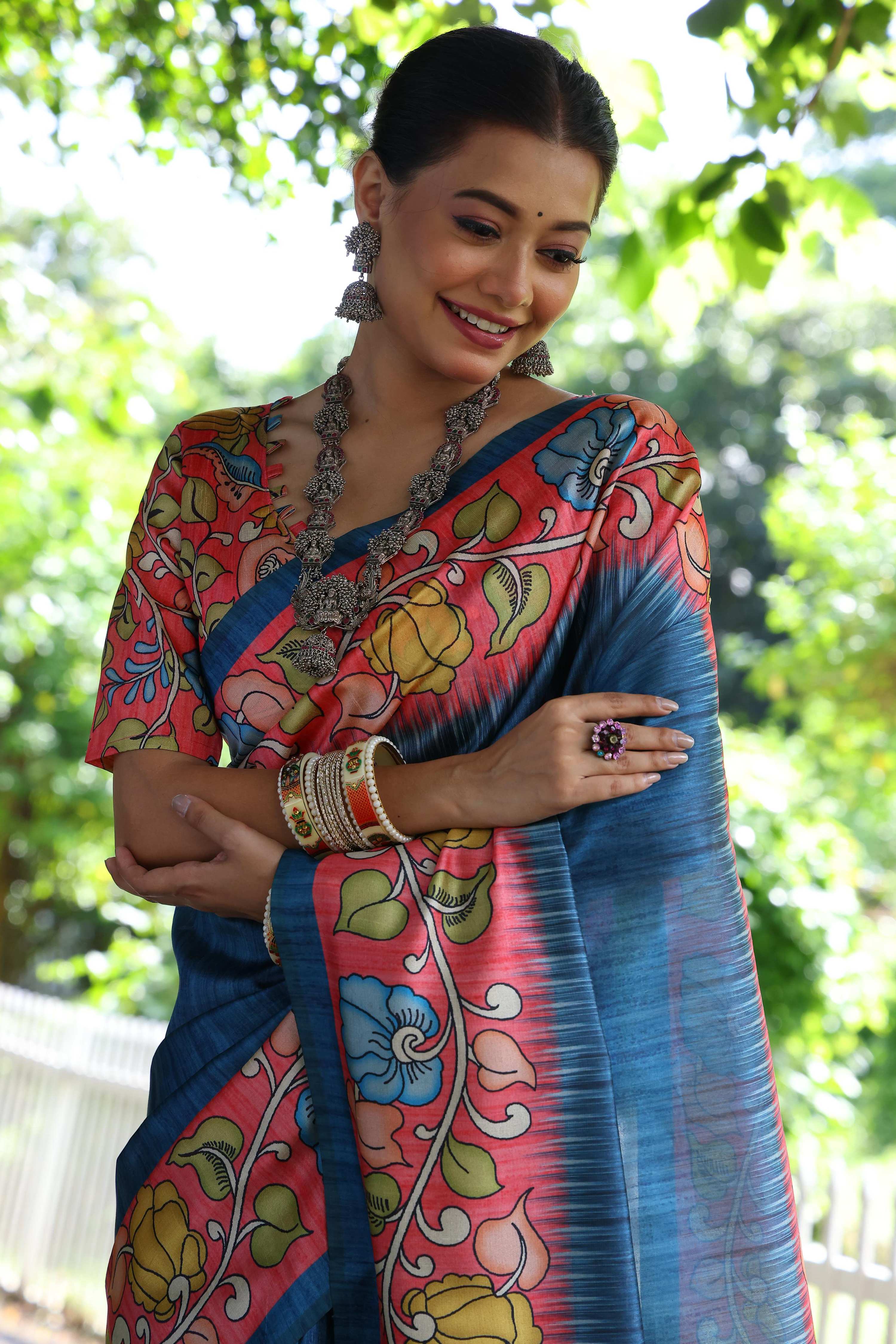 Jyoti Fashion Women's Blue Soft Tussar Silk Kalamkari Printed Designer Saree with Blouse