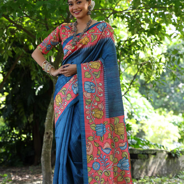 Jyoti Fashion Women's Blue Soft Tussar Silk Kalamkari Printed Designer Saree with Blouse - Distacart