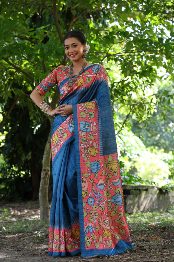 Jyoti Fashion Women's Blue Soft Tussar Silk Kalamkari Printed Designer Saree with Blouse
