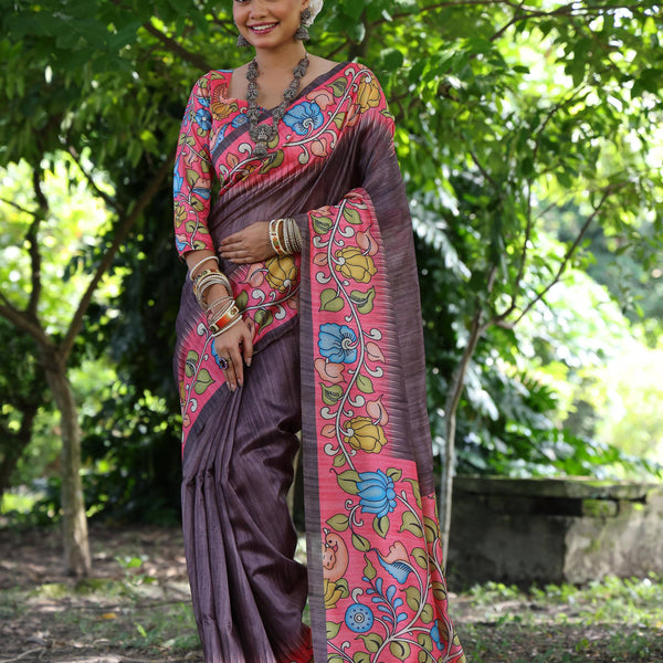 Jyoti Fashion Women's Black Soft Tussar Silk Kalamkari Printed Designer Saree with Blouse - Distacart