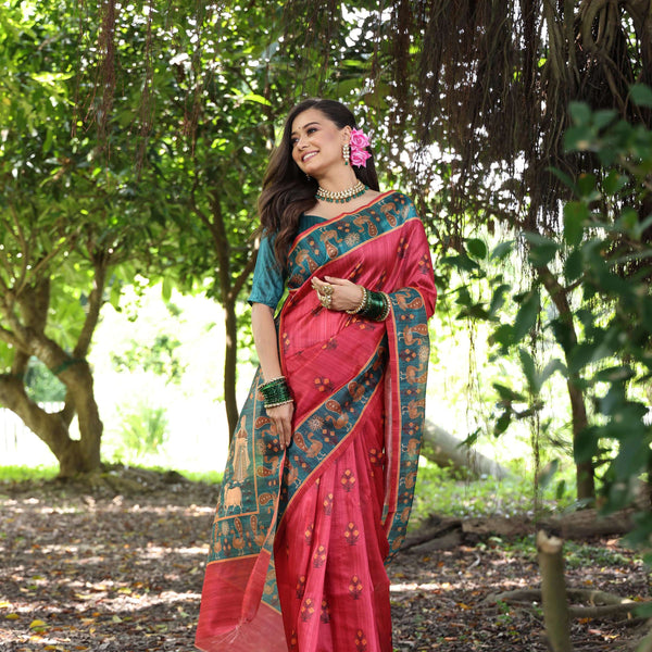 Jyoti Fashion Women's Black Soft Tussar Silk Peacock Printed Designer Saree with Blouse - Distacart