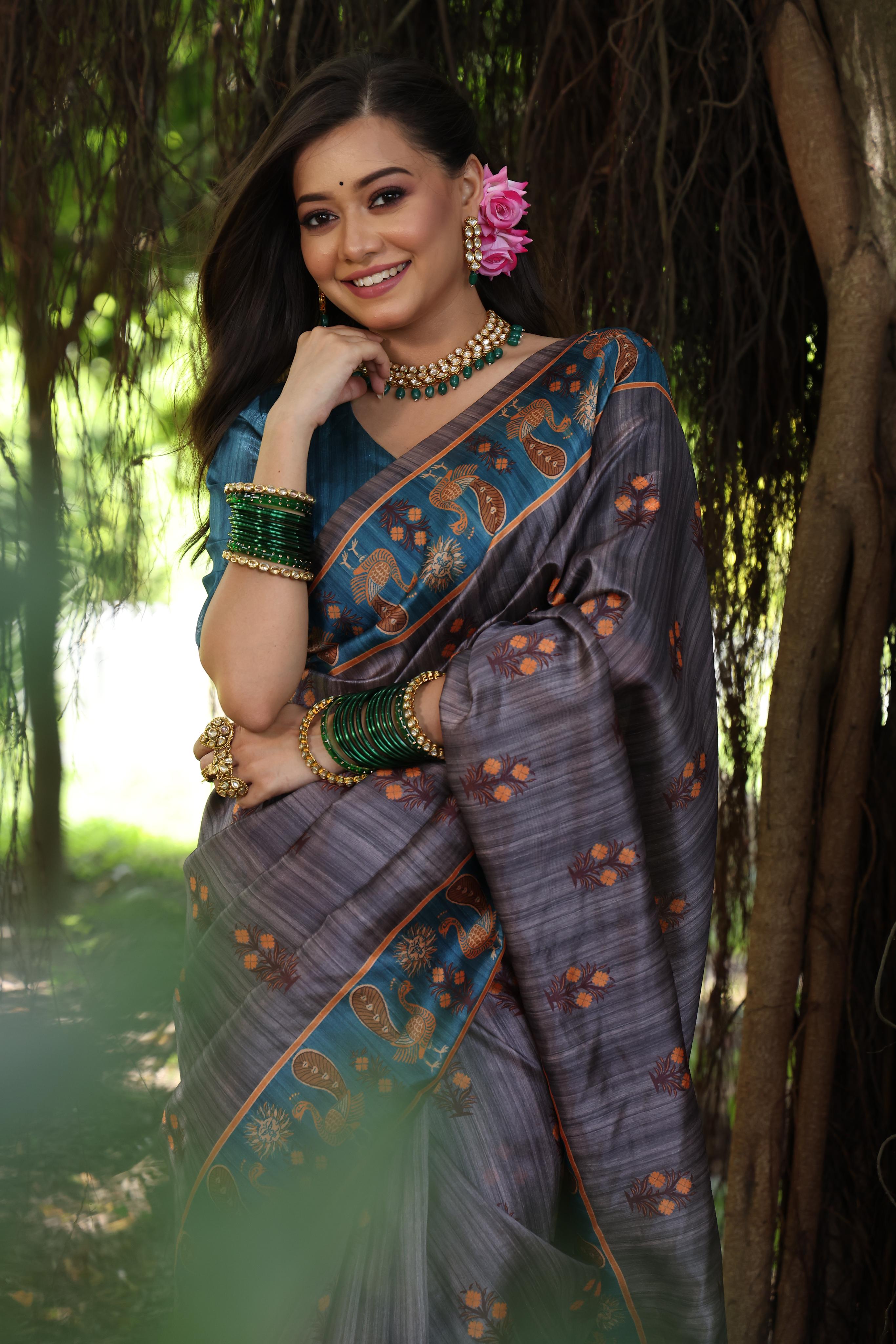 Jyoti Fashion Women's Gajri Red Soft Tussar Silk Peacock Printed Designer Saree with Blouse