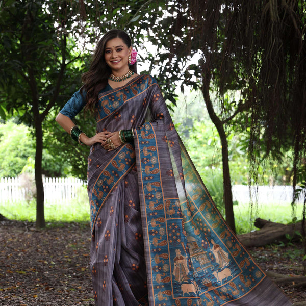 Jyoti Fashion Women's Gajri Red Soft Tussar Silk Peacock Printed Designer Saree with Blouse - Distacart