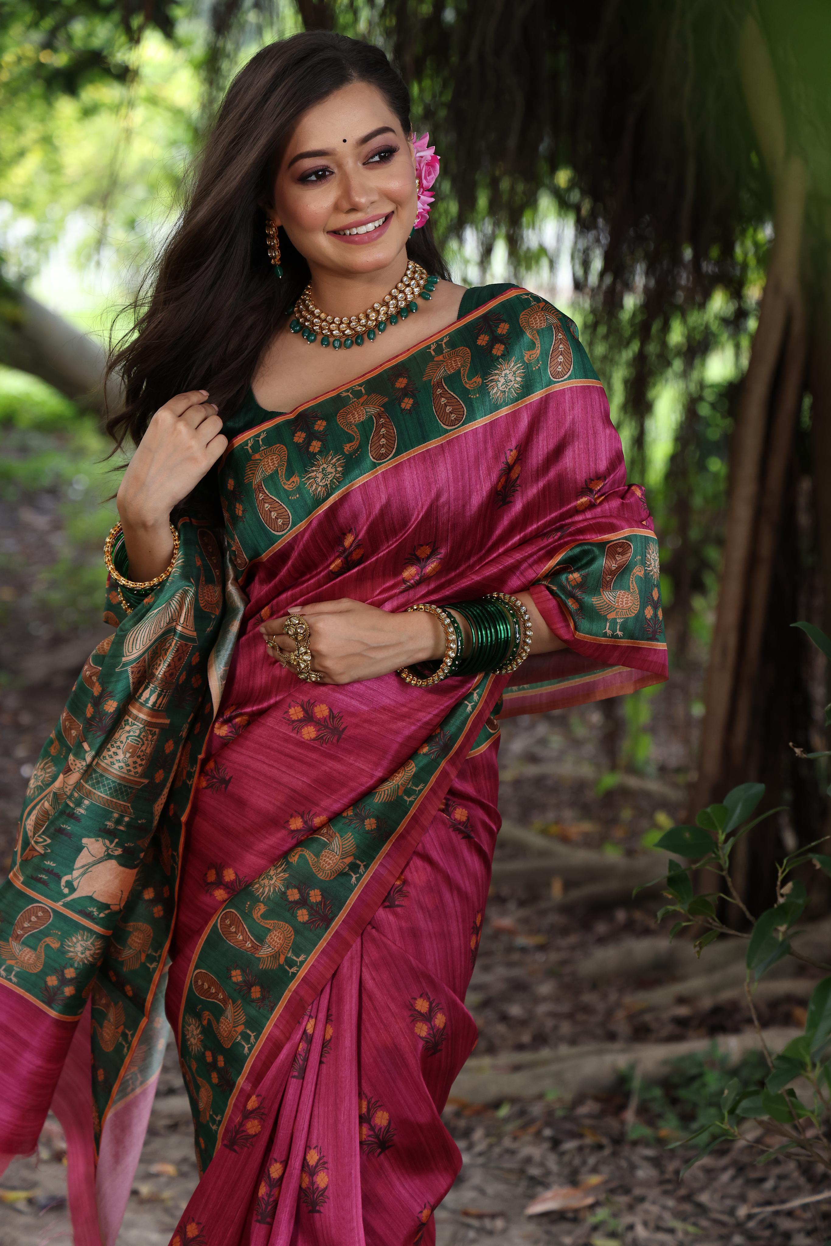 Jyoti Fashion Women's Grey Soft Tussar Silk Peacock Printed Designer Saree with Blouse