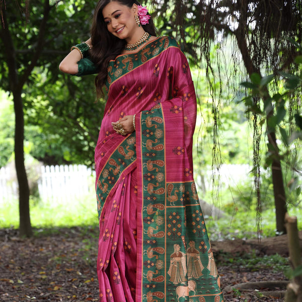 Jyoti Fashion Women's Grey Soft Tussar Silk Peacock Printed Designer Saree with Blouse - Distacart