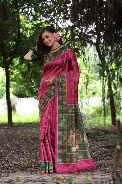 Jyoti Fashion Women's Grey Soft Tussar Silk Peacock Printed Designer Saree with Blouse