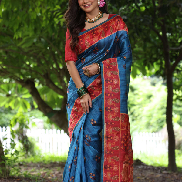 Jyoti Fashion Women's Wine Soft Tussar Silk Peacock Printed Designer Saree with Blouse - Distacart