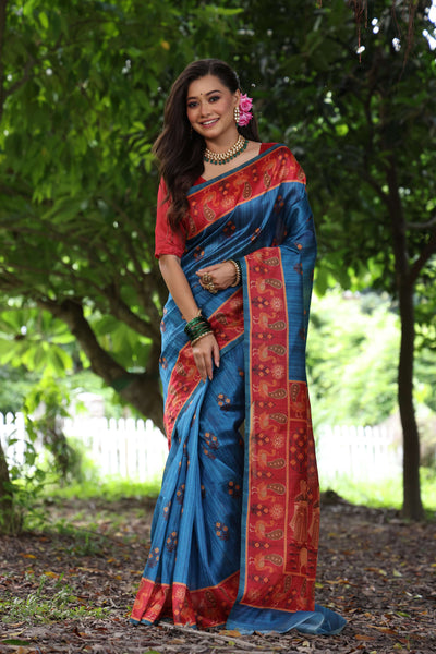 Jyoti Fashion Women's Wine Soft Tussar Silk Peacock Printed Designer Saree with Blouse