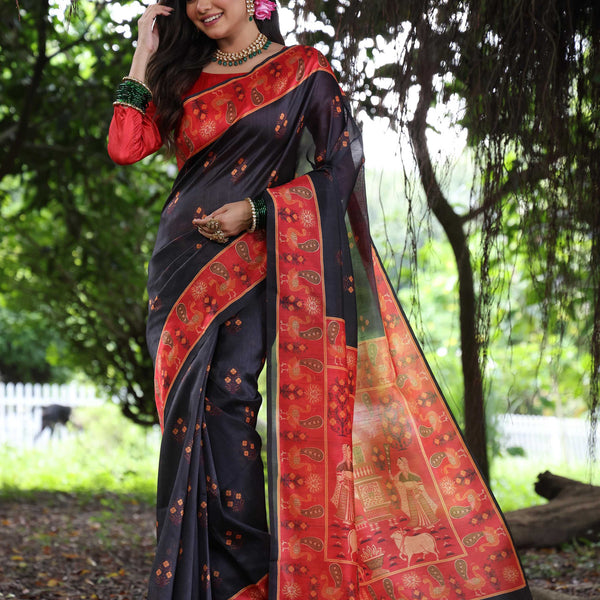Jyoti Fashion Women's Blue Soft Tussar Silk Peacock Printed Designer Saree with Blouse - Distacart