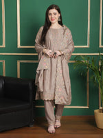 Thumbnail for Jyoti Fashion Women's Beige Chinon Chiffon Floral Embroidery with Cording & Crystal Work Designer Straight Suit Set - Distacart