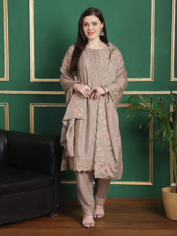 Jyoti Fashion Women's Beige Chinon Chiffon Floral Embroidery with Cording & Crystal Work Designer Straight Suit Set - Distacart