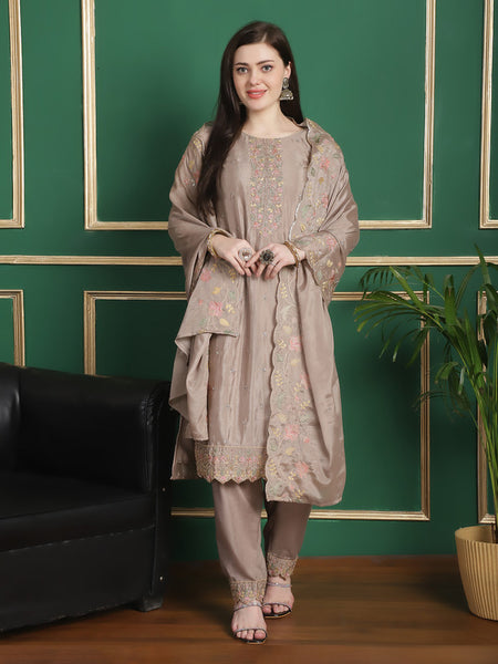 Jyoti Fashion Women's Beige Chinon Chiffon Floral Embroidery with Cording & Crystal Work Designer Straight Suit Set - Distacart