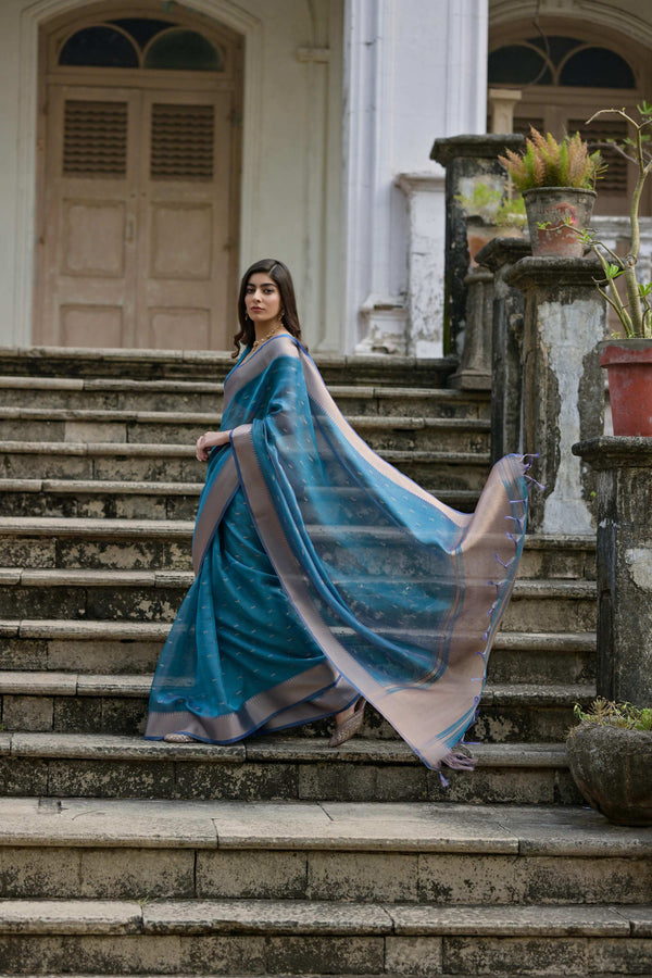 Jyoti Fashion Women's Firozi Soft Kalyani Silk Zari Woven Designer Saree with Blouse