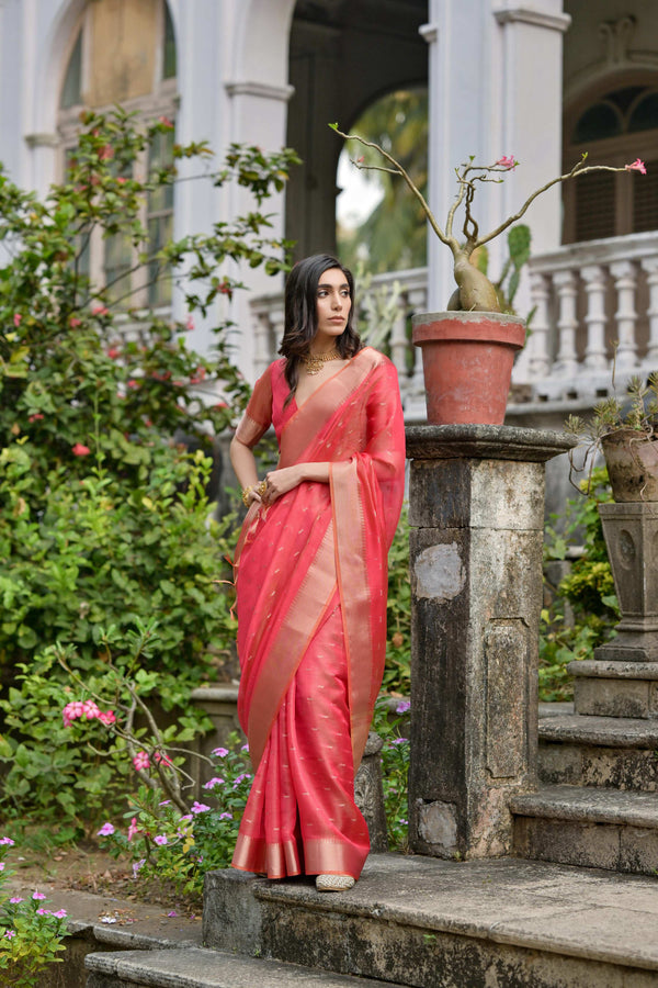 Jyoti Fashion Women's Coral Soft Kalyani Silk Zari Woven Designer Saree with Blouse