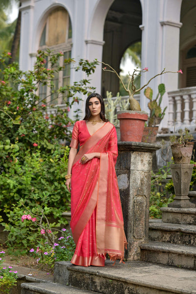 Jyoti Fashion Women's Coral Soft Kalyani Silk Zari Woven Designer Saree with Blouse