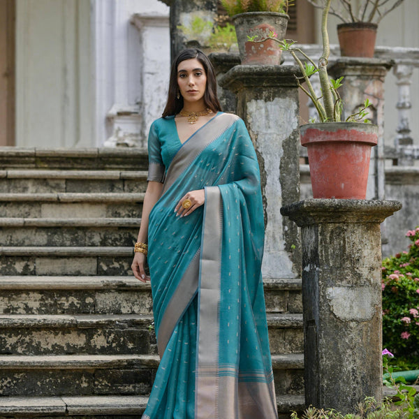Jyoti Fashion Women's Teal Soft Kalyani Silk Zari Woven Designer Saree with Blouse - Distacart
