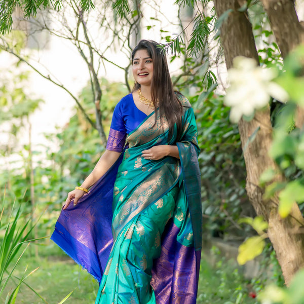 Jyoti Fashion Women's Turquoise Soft Banarasi Silk Zari Woven Saree with Blouse - Distacart