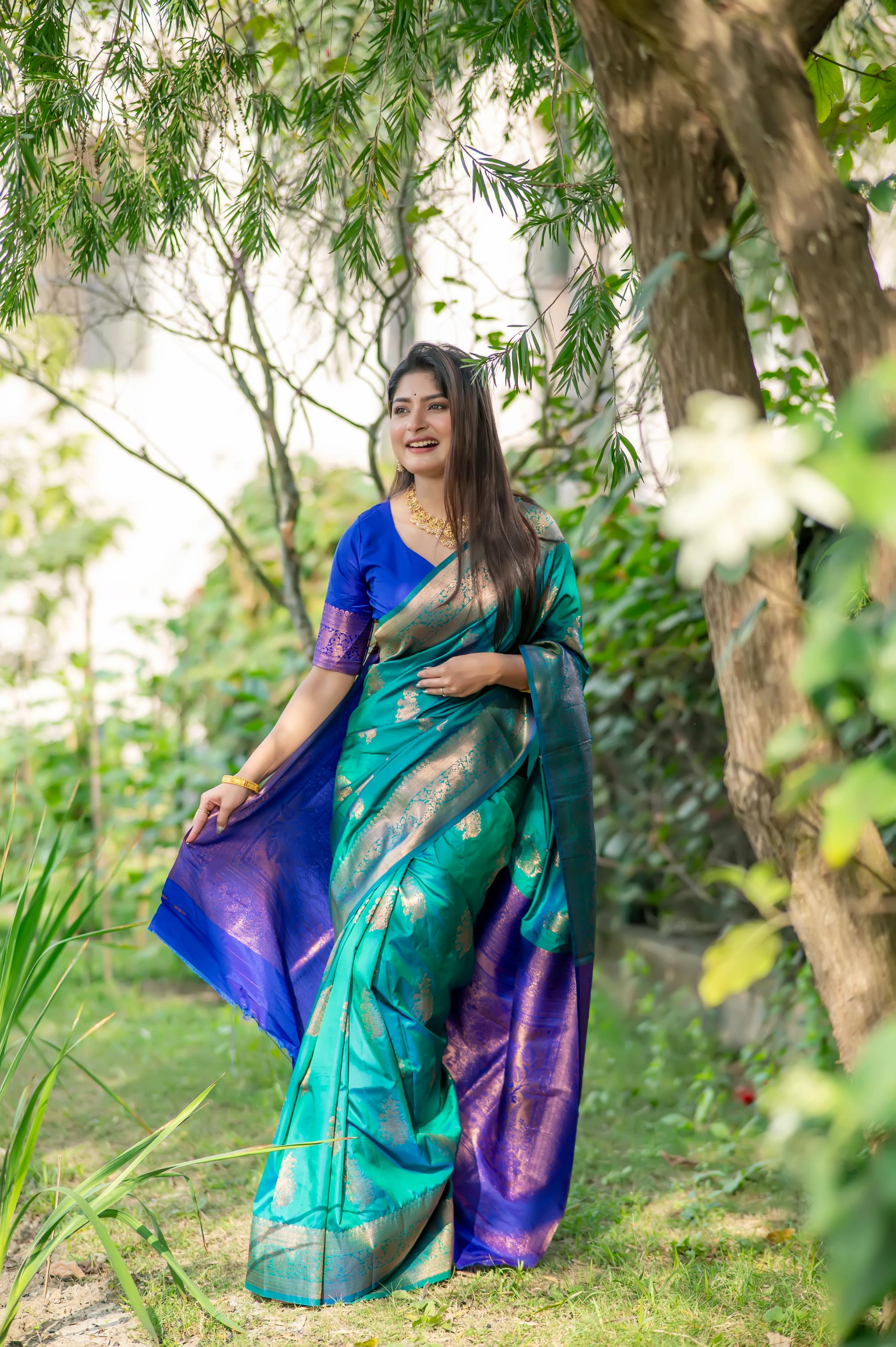 Jyoti Fashion Women's Turquoise Soft Banarasi Silk Zari Woven Saree with Blouse - Distacart