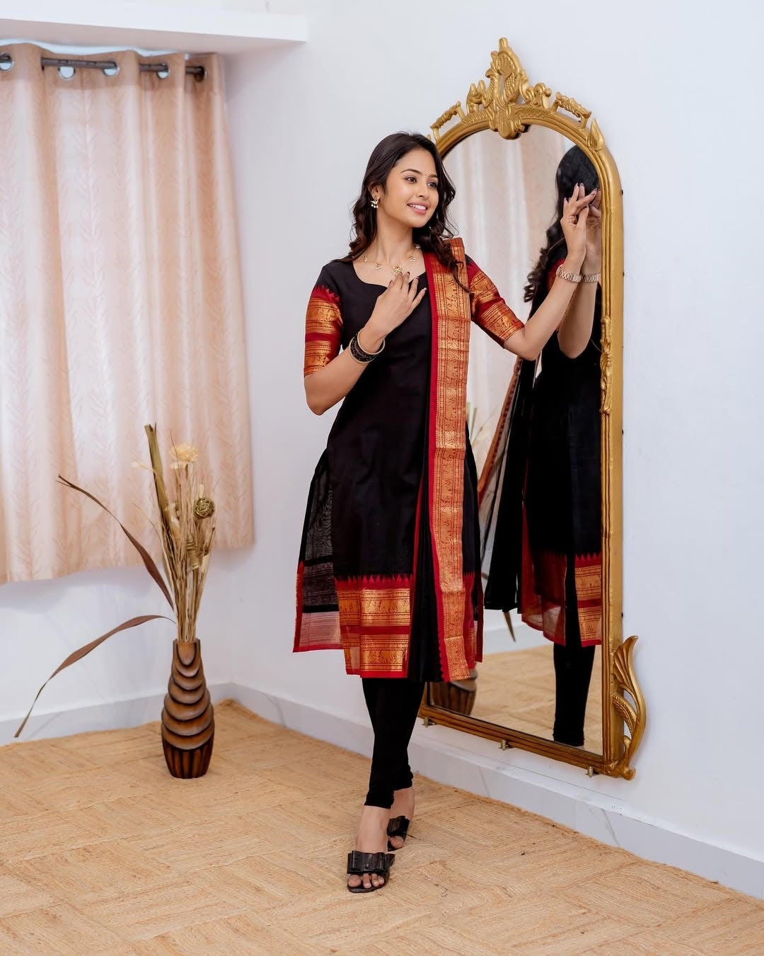 Jyoti Fashion Women's Black Kanchi Cotton Zari Woven Designer Kurti with Dupatta