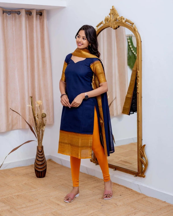 Jyoti Fashion Women's Navy Blue Kanchi Cotton Zari Woven Designer Kurti with Dupatta