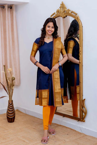 Jyoti Fashion Women's Navy Blue Kanchi Cotton Zari Woven Designer Kurti with Dupatta