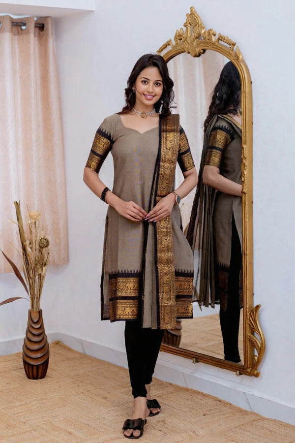 Jyoti Fashion Women's Grey Kanchi Cotton Zari Woven Designer Kurti with Dupatta