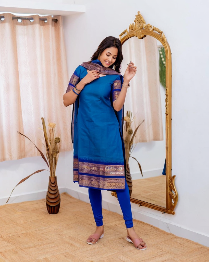 Jyoti Fashion Women's Royal Blue Kanchi Cotton Zari Woven Designer Kurti with Dupatta