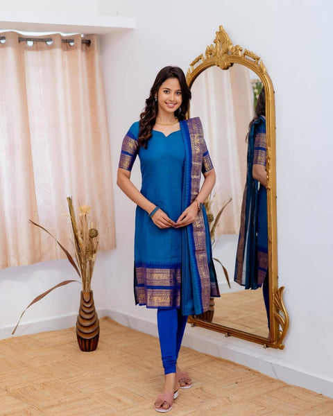 Jyoti Fashion Women's Royal Blue Kanchi Cotton Zari Woven Designer Kurti with Dupatta