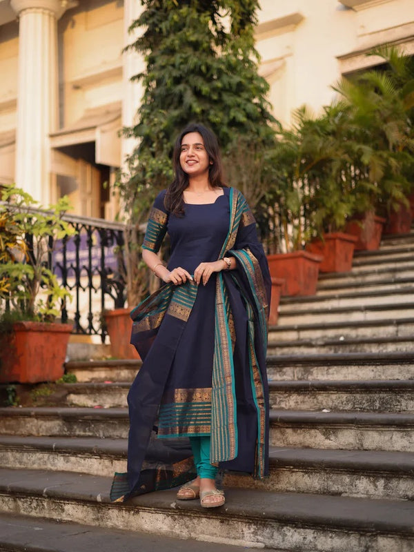 Jyoti Fashion Women's Navy Blue Kanchi Cotton Zari Woven Designer Kurti with Dupatta