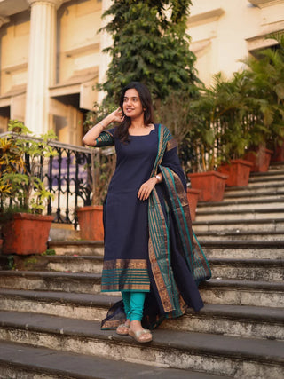 Jyoti Fashion Women's Navy Blue Kanchi Cotton Zari Woven Designer Kurti with Dupatta