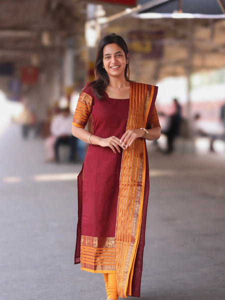 Jyoti Fashion Women's Maroon Kanchi Cotton Zari Woven Designer Kurti with Dupatta