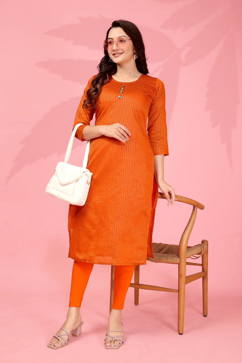 Jyoti Fashion Women's Orange Kanchi Cotton Lining Zari Woven Designer Kurti Only