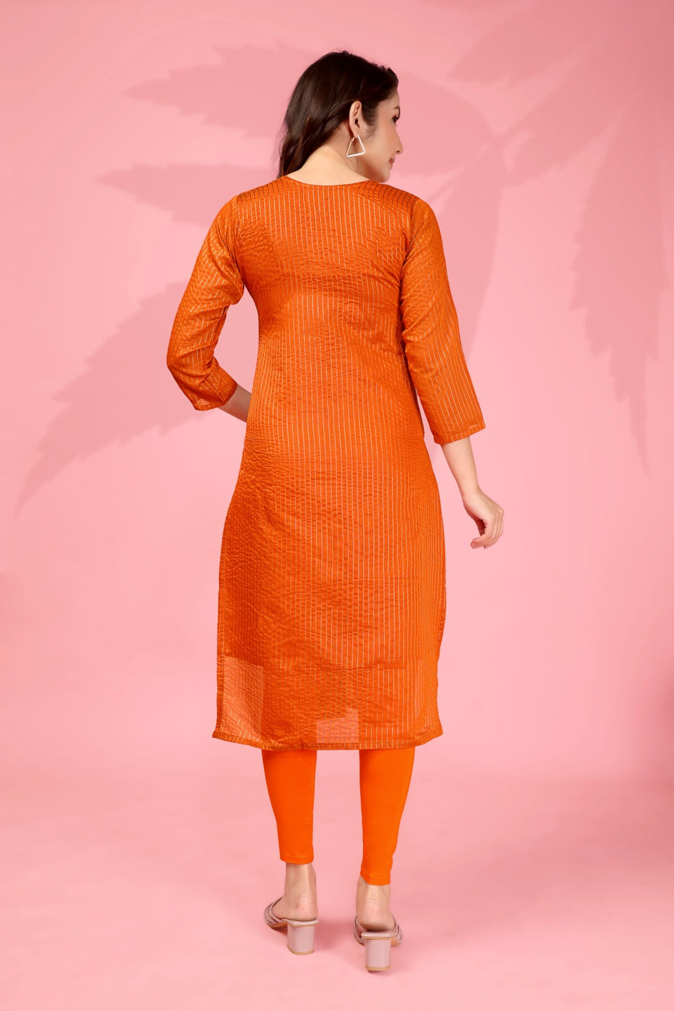 Jyoti Fashion Women's Orange Kanchi Cotton Lining Zari Woven Designer Kurti Only