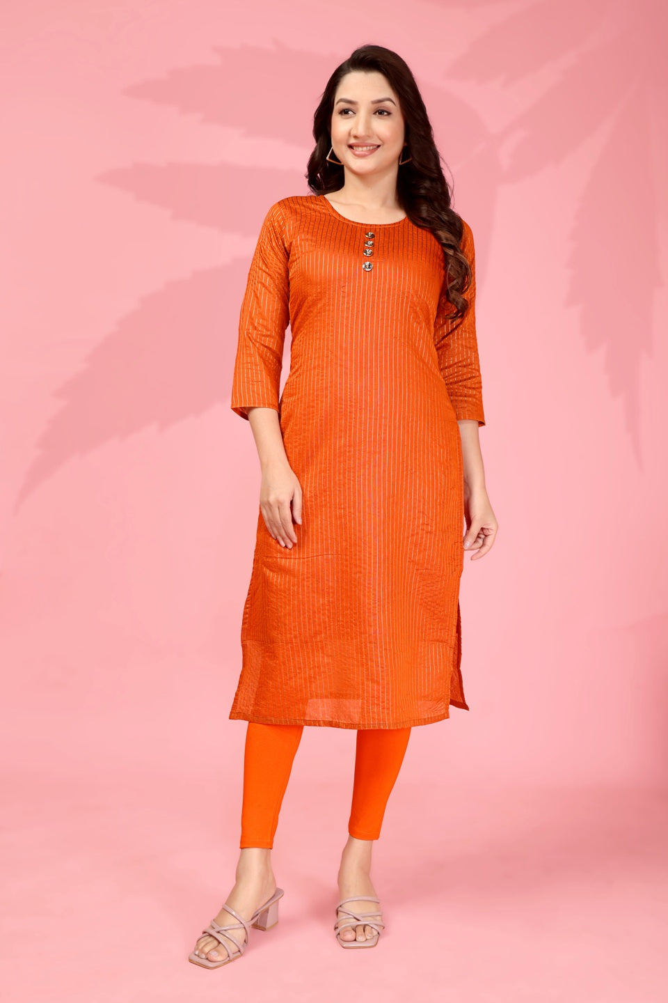 Jyoti Fashion Women's Orange Kanchi Cotton Lining Zari Woven Designer Kurti Only