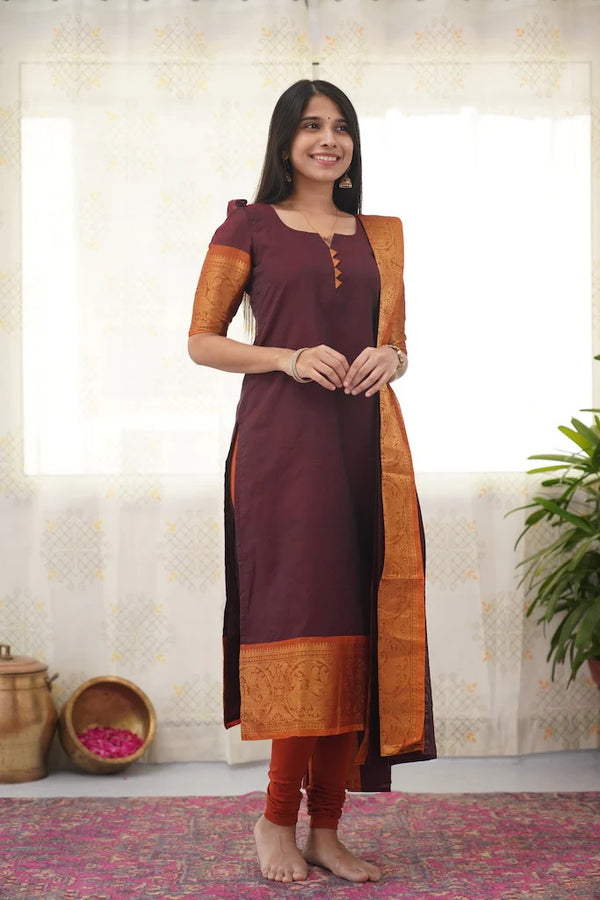 Jyoti Fashion Women's Maroon Kanchi Cotton Zari Woven Designer Kurti with Dupatta