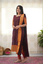 Thumbnail for Jyoti Fashion Women's Maroon Kanchi Cotton Zari Woven Designer Kurti with Dupatta