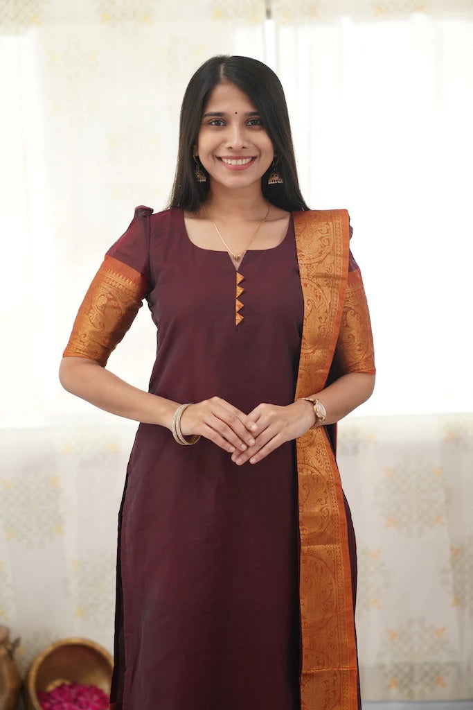 Jyoti Fashion Women's Maroon Kanchi Cotton Zari Woven Designer Kurti with Dupatta