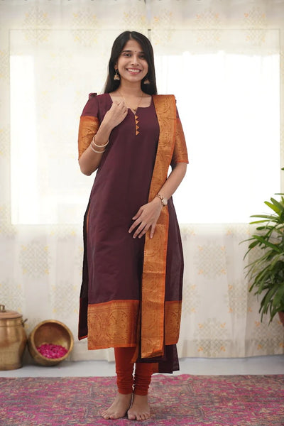 Jyoti Fashion Women's Maroon Kanchi Cotton Zari Woven Designer Kurti with Dupatta