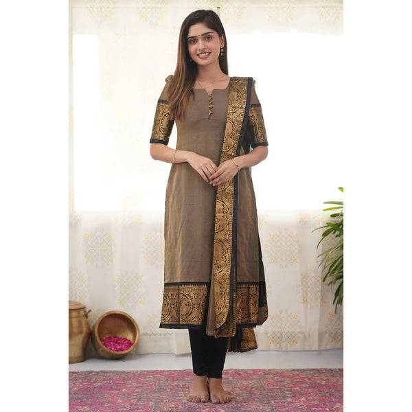 Jyoti Fashion Women's Beige Kanchi Cotton Zari Woven Designer Kurti with Dupatta
