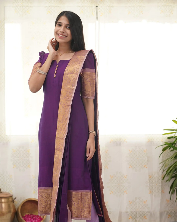 Jyoti Fashion Women's Purple Kanchi Cotton Zari Woven Designer Kurti with Dupatta