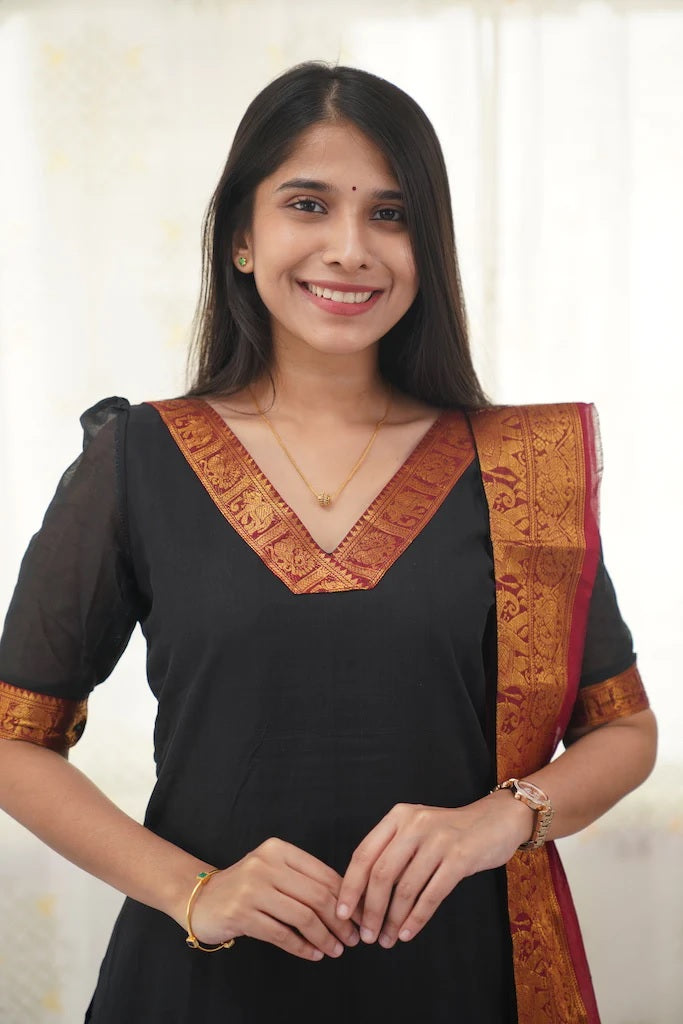 Jyoti Fashion Women's Black Kanchi Cotton Zari Woven Designer Kurti with Dupatta