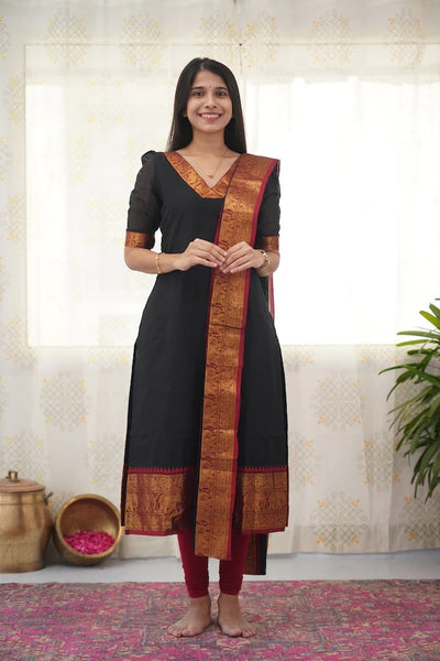 Jyoti Fashion Women's Black Kanchi Cotton Zari Woven Designer Kurti with Dupatta