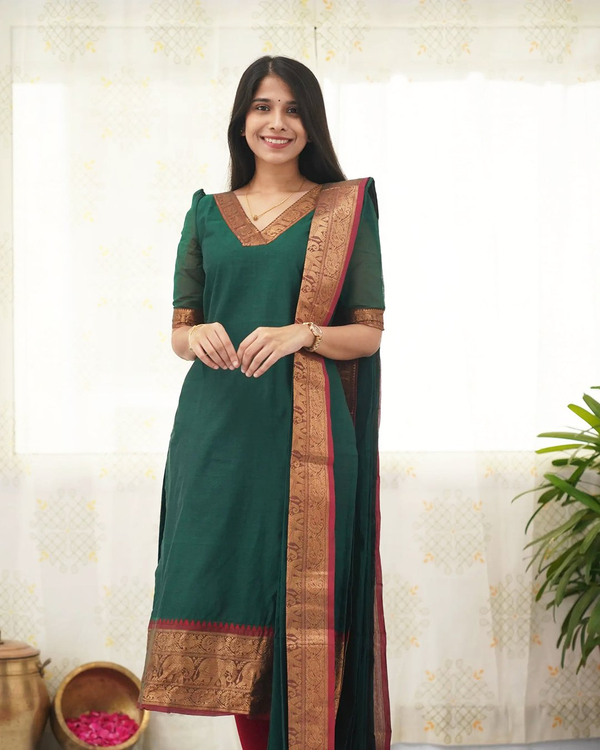 Jyoti Fashion Women's Rama Kanchi Cotton Zari Woven Designer Kurti with Dupatta